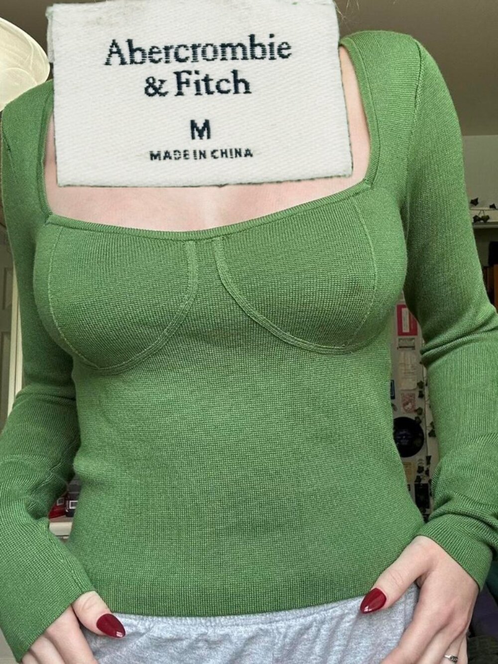 Abercrombie & Fitch Green Corset Square Neckline Knit Long Sleeve Top - Medium